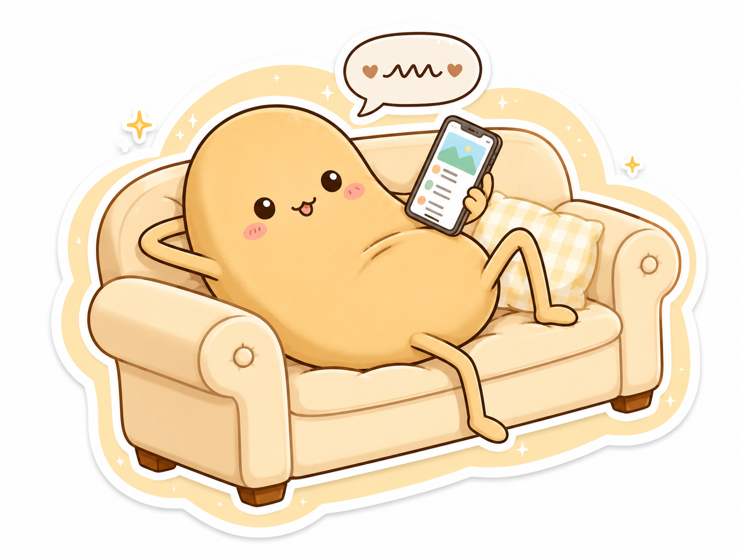 The PotatoPost mascot creating social content on a phone while sitting on a sofa